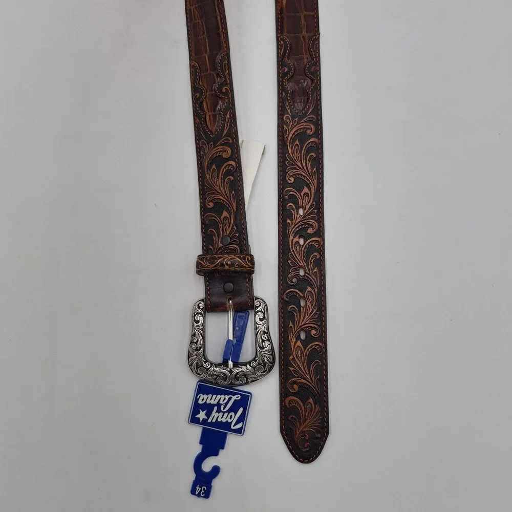 Tony Lama Mens Pinto Classic Brown Leather Tooled Western Belt C42335 Size 34